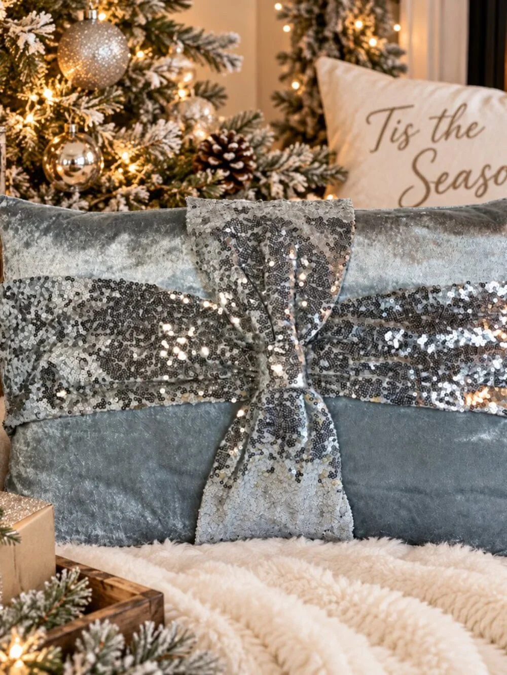 Old East Main Co Silver Velvet Sequin Bow Decorative Throw Pillow NWT 17x11 Cat